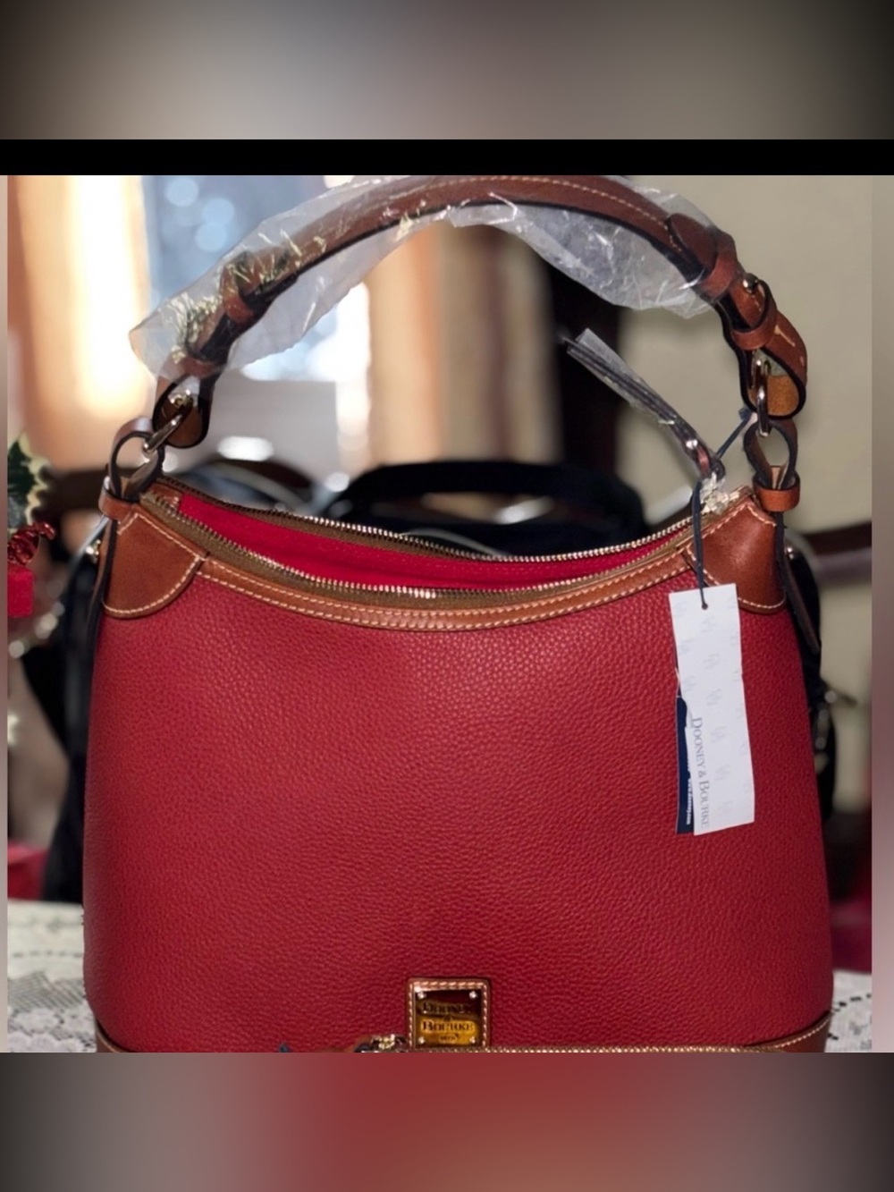 Dooney Bourke 🆕 Red and Brown Leather hobo Shoulder Bag pebbled Italian Leather
